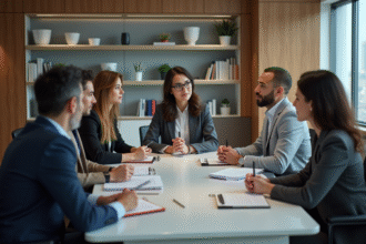 Groupe de professionnels en réunion dans une salle moderne