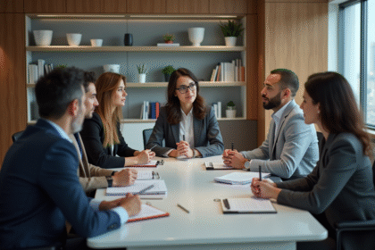 Groupe de professionnels en réunion dans une salle moderne