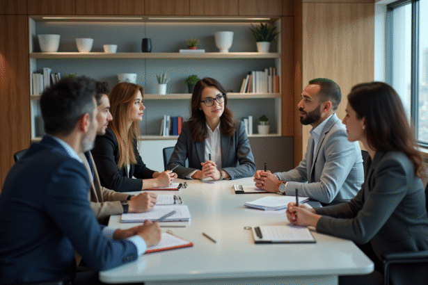 Groupe de professionnels en réunion dans une salle moderne
