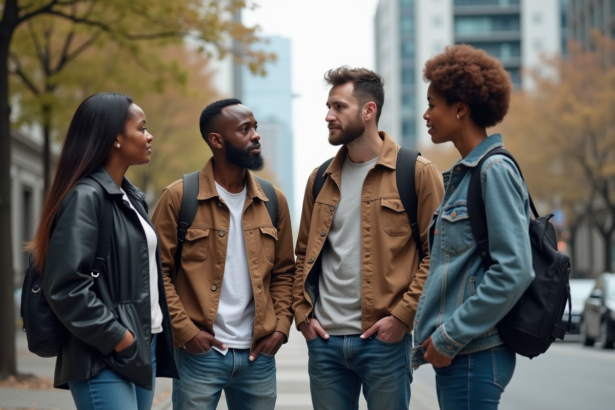 Quatre personnes de divers ages en discussion en ville