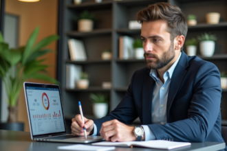 Homme en blazer analyse des données marketing sur son ordinateur