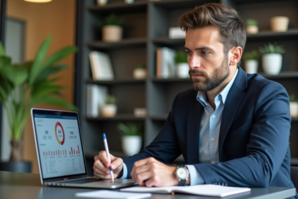 Homme en blazer analyse des données marketing sur son ordinateur