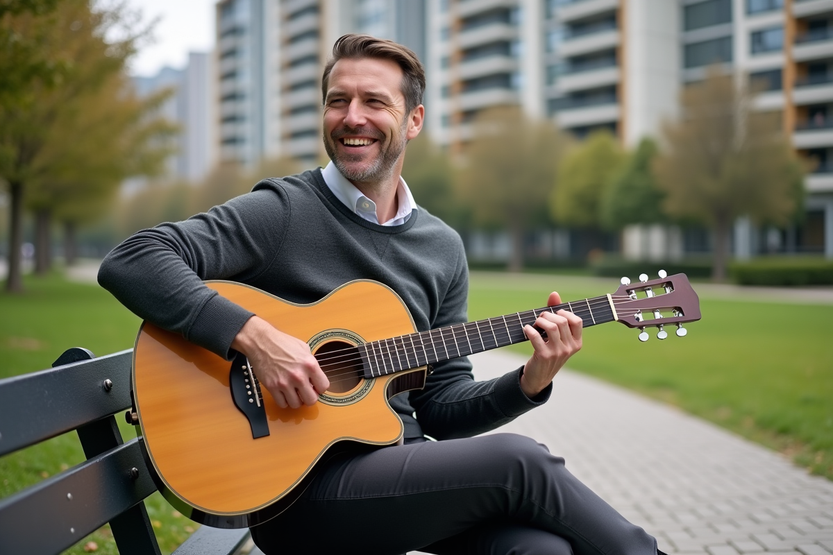 Homme jouant de la guitare en plein air dans un parc urbain