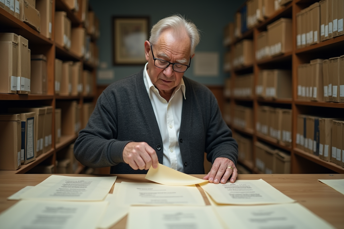 Homme âgé scellant des documents dans des pochettes plastiques