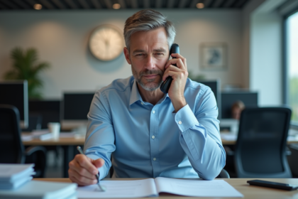 Homme d'affaires au bureau parlant au téléphone en visioconférence
