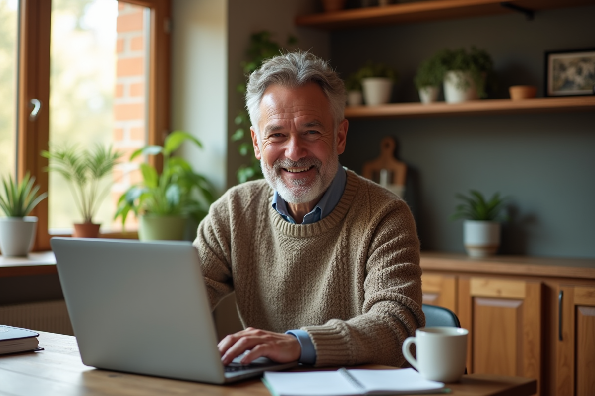 Homme détendu travaillant à la maison avec ordinateur portable