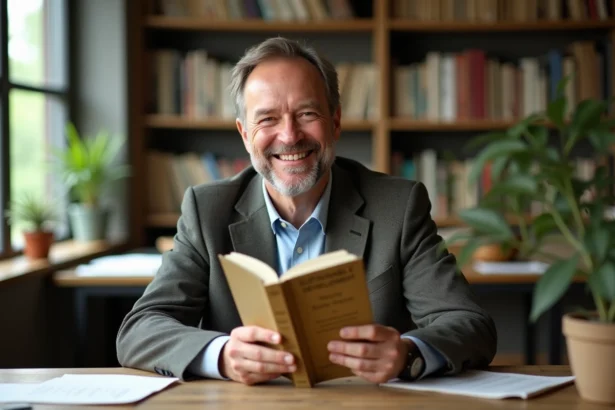 Homme environnementaliste souriant avec livre sur le developpement durable