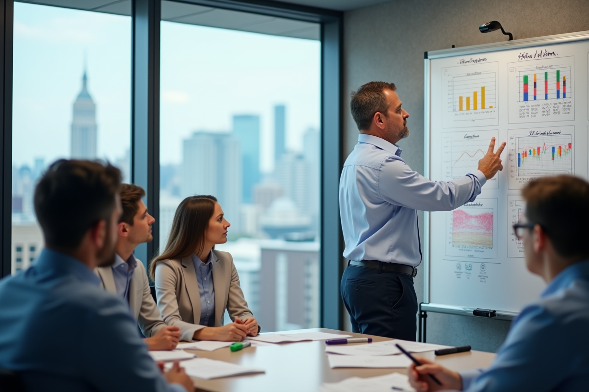 Homme expliquant des formules Excel devant un tableau blanc