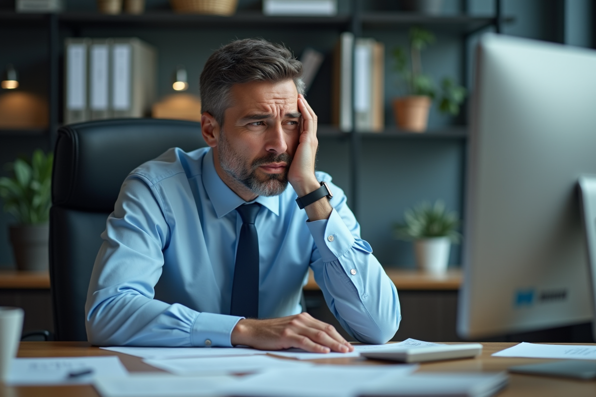 Homme d'âge moyen au bureau anxieux avec document pole emploi