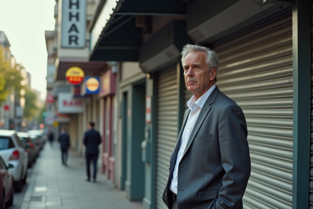 Homme d affaires perplexe devant une boutique fermée