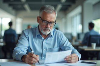 Homme sérieux vérifiant des factures dans un bureau moderne
