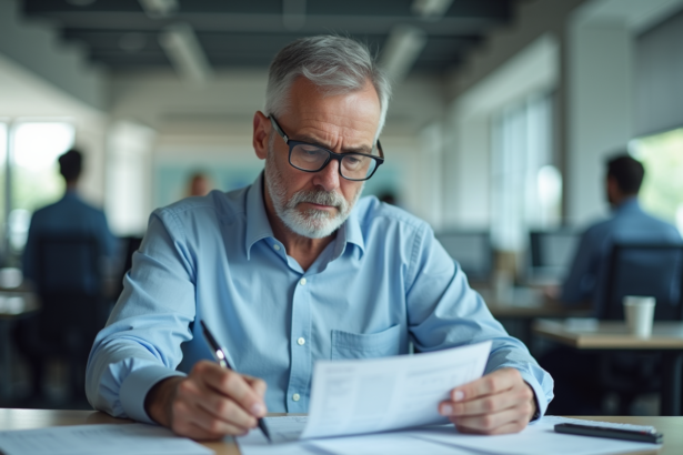 Homme sérieux vérifiant des factures dans un bureau moderne