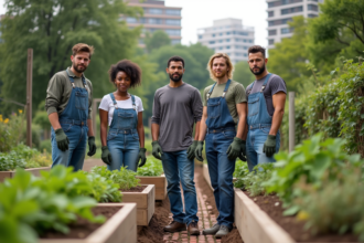Groupe d'adultes dans un jardin urbain en ville