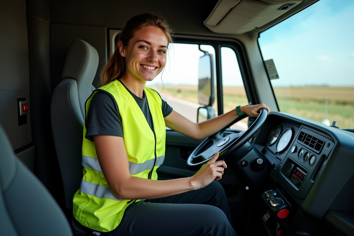 Jeune conductrice souriante dans la cabine d