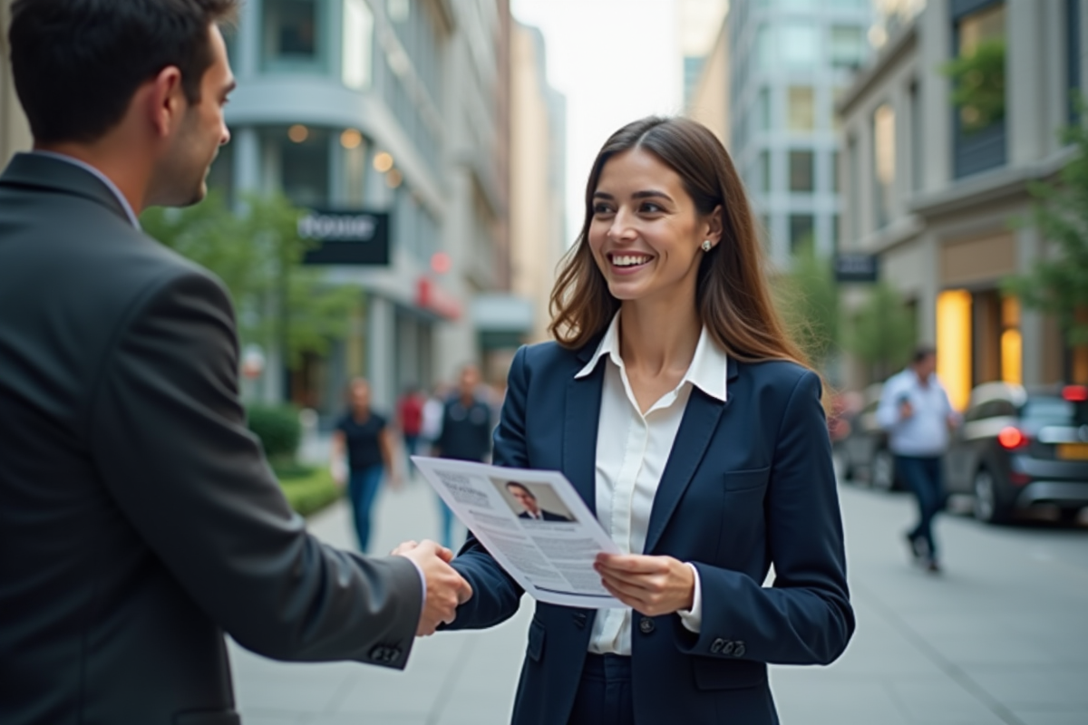 Jeune femme souriante en blazer navy distribuant un flyer en ville