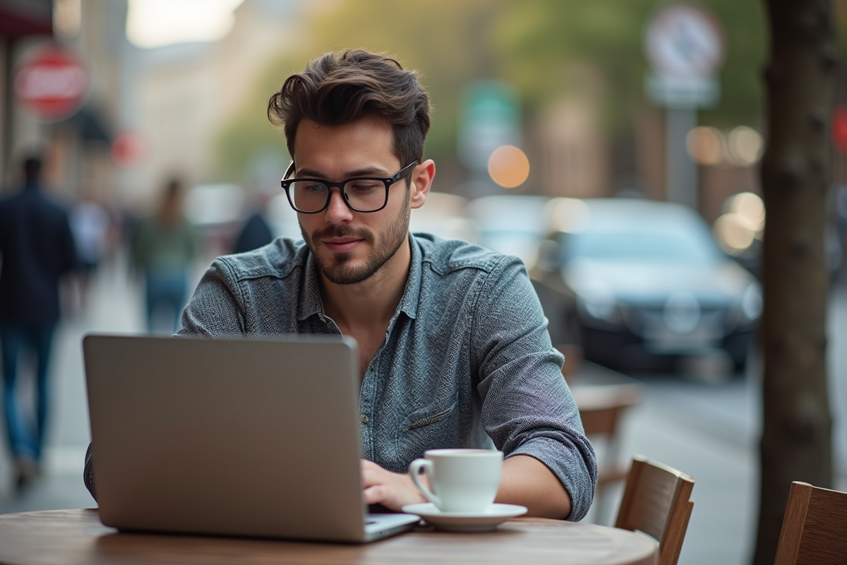 Jeune homme pensif avec ordinateur dans un café en ville