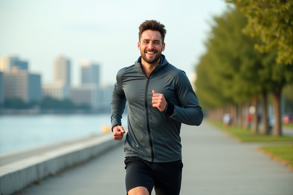 Jeune homme en jogging le long de la rivière en ville