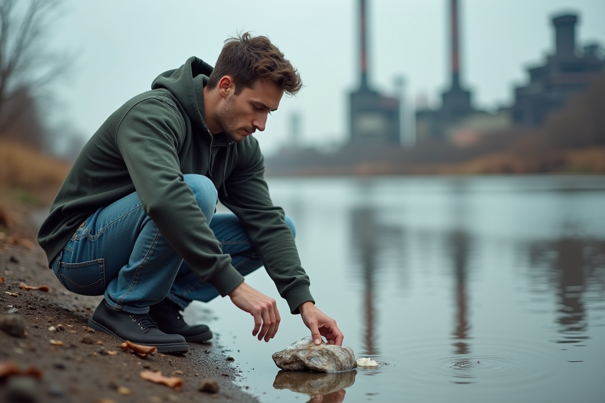 Jeune homme examinant des déchets plastiques au bord de la rivière