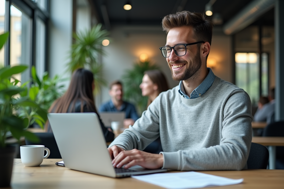 Jeune homme en coworking tapant sur son ordinateur portable
