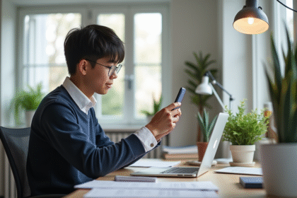 Jeune professionnel enregistrant une critique de produit sur son smartphone dans un bureau moderne