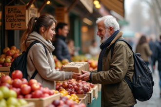 Femme et homme âgé échangeant un paquet au marché en automne