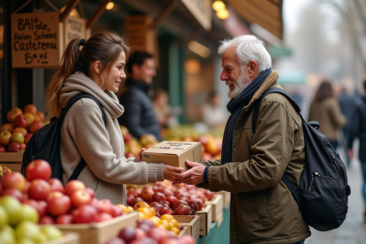 Femme et homme âgé échangeant un paquet au marché en automne