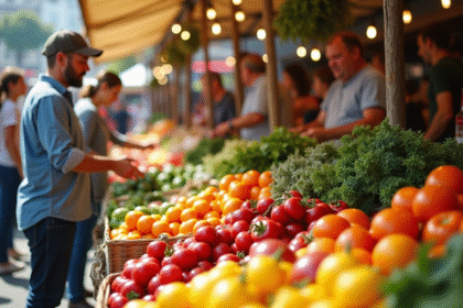Marché fermier en plein air avec produits frais et vendeurs