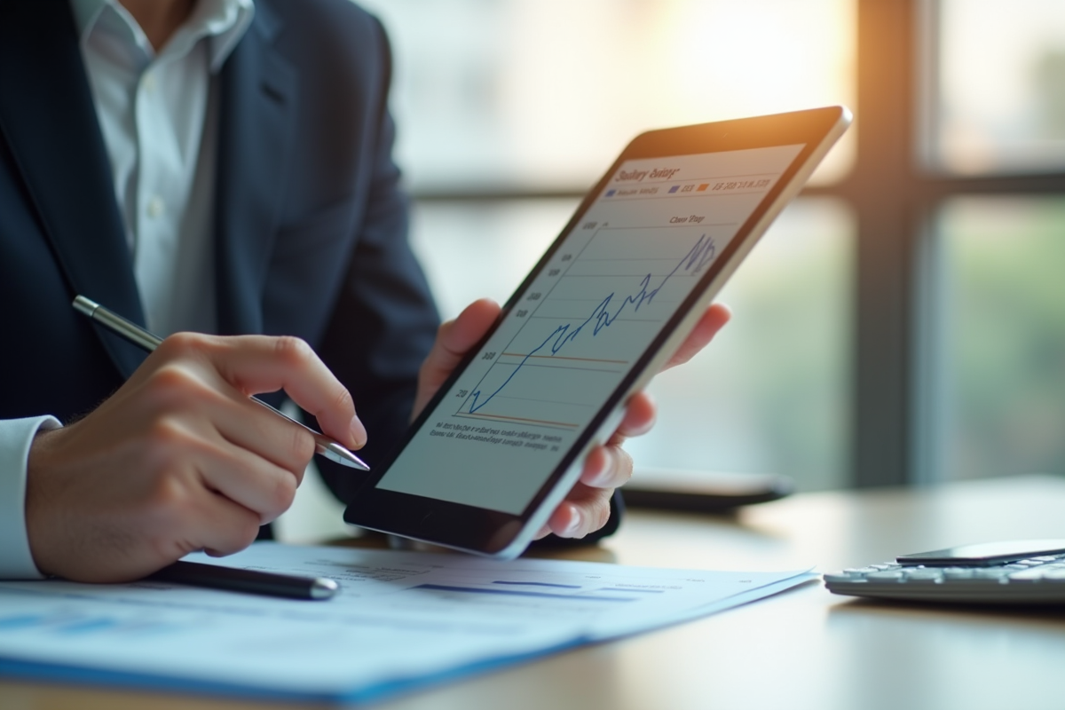 Professionnel examinant un graphique salarial numérique sur une tablette