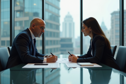 Cadre d'affaires examinant des rapports financiers en réunion